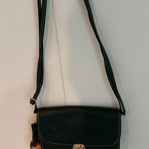 Vintage Black Leather  Cross Body Clutch Bag with Silver Tone Hardware